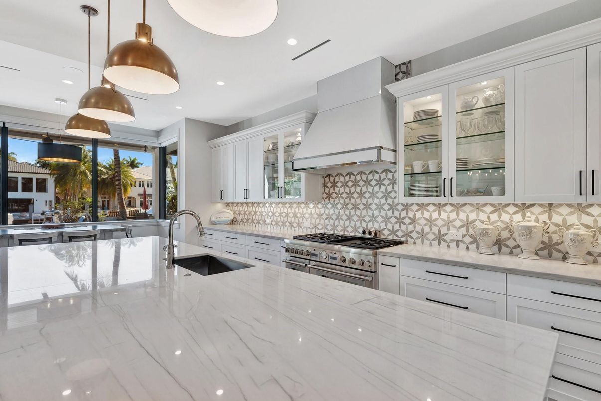 Interior, Kitchen, Marble, Pendant Lights, Recessed Lighting, Stainless Steel Appliances