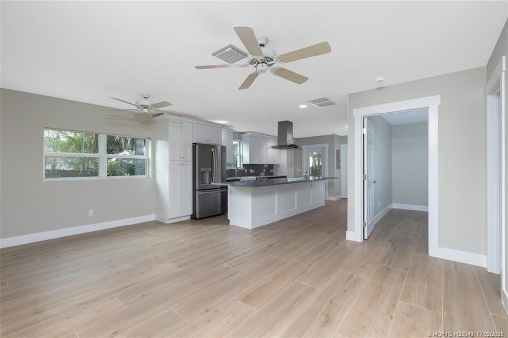 Empty room, Interior, Kitchen, Recessed Lighting, Wood Texture Flooring