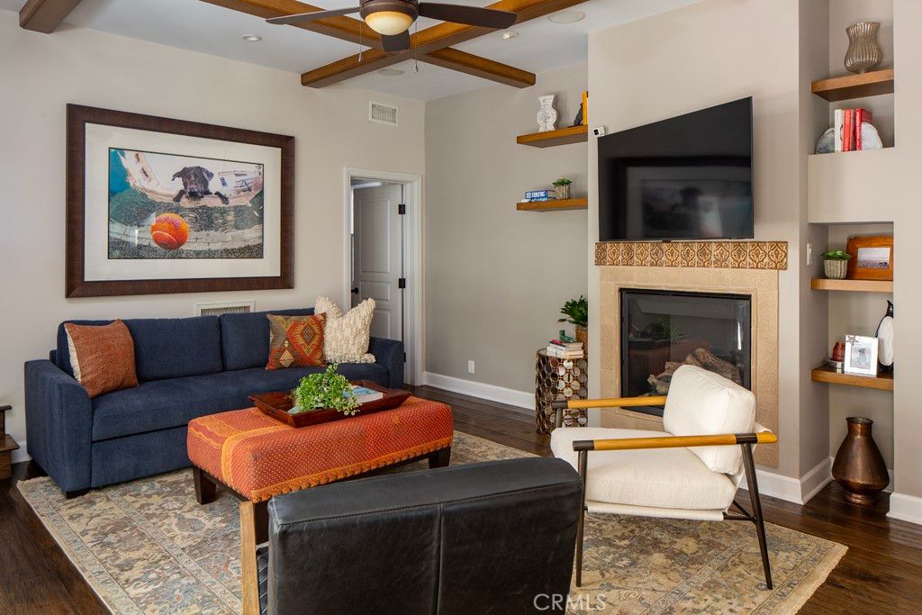 Fireplace, Interior, Living room, Recessed Lighting, Wooden Beams, Wood Texture Flooring