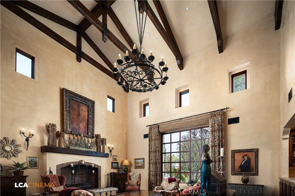 Chandelier, Fireplace, Interior, Wooden Beams