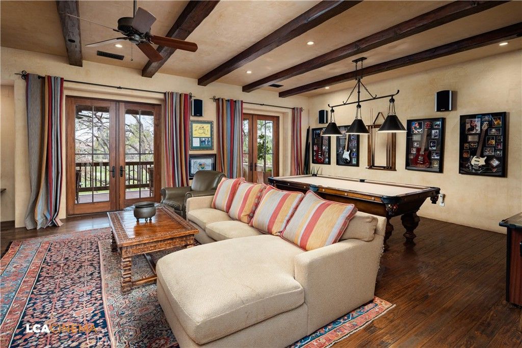 Billiard Table, Game Room, Interior, Living room, Pendant Lights, Recessed Lighting, Wooden Beams, Wood Texture Flooring