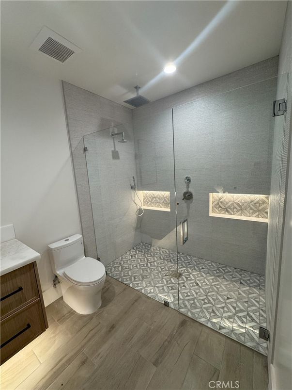 Bathroom, Glass Shower, Interior, Recessed Lighting, Wood Texture Flooring