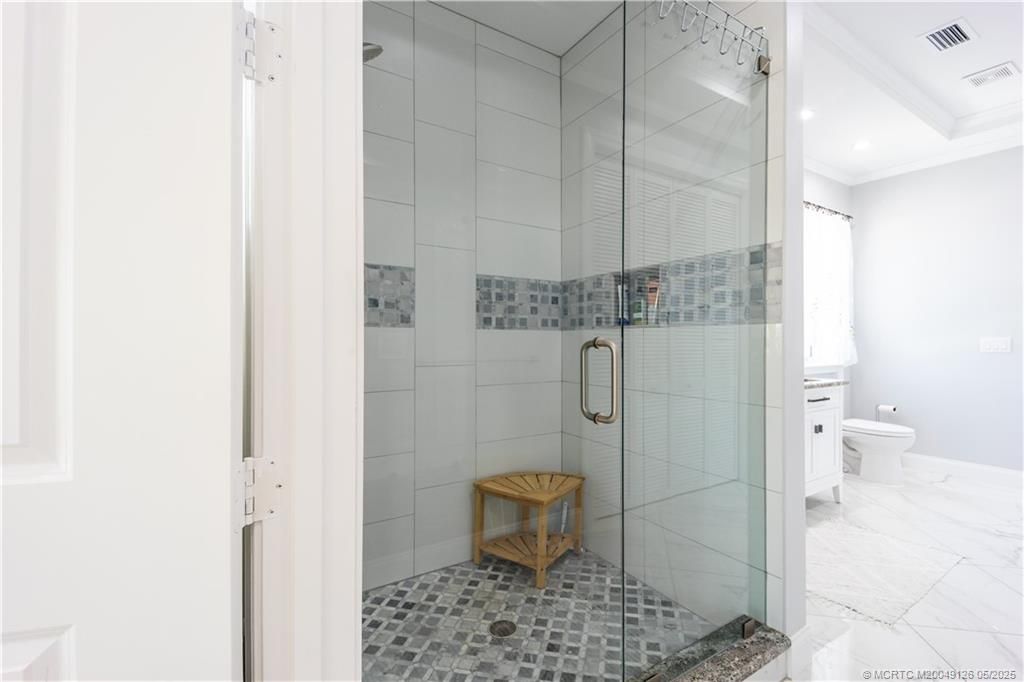 Bathroom, Glass Shower, Interior, Marble, Recessed Lighting