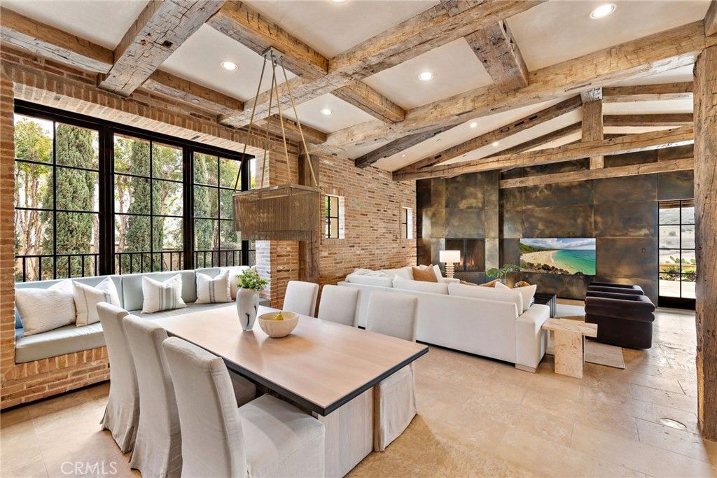 Dining room, Fireplace, Interior, Living room, Pendant Lights, Recessed Lighting, Stone Walls, Wooden Beams