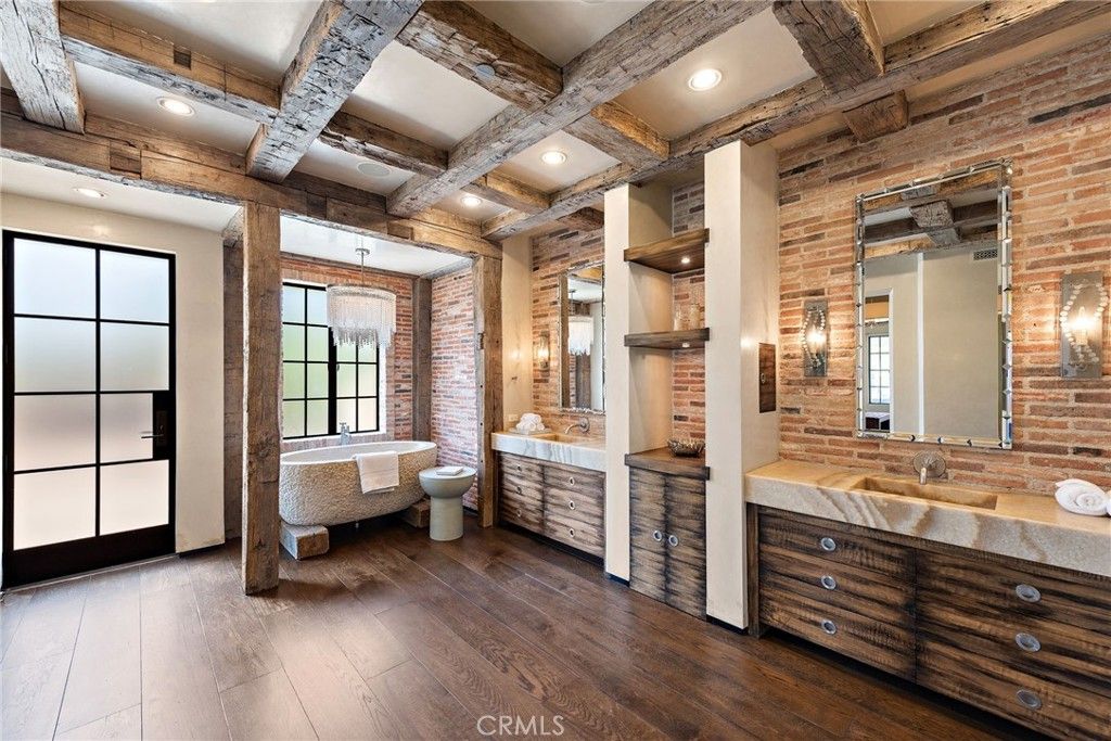 Bathroom, Dual Sink Vanities, Free Standing Baths, Interior, Recessed Lighting, Stone Walls, Wooden Beams, Wood Texture Flooring
