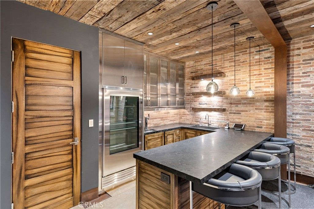 Interior, Kitchen, Pendant Lights, Recessed Lighting, Stainless Steel Appliances, Stone Walls, Wooden Ceilings, Wooden Walls