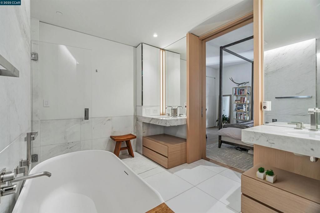 Bathroom, Dual Sink Vanities, Free Standing Baths, Interior, Marble Walls, Recessed Lighting