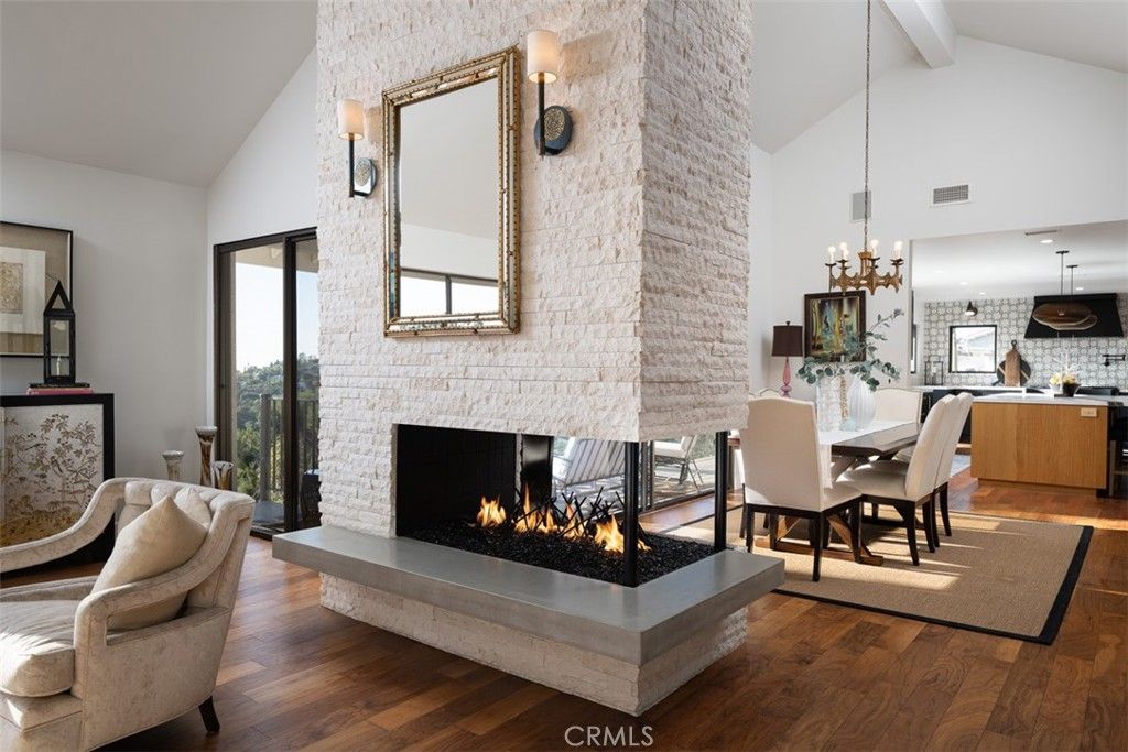 Dining room, Fireplace, Interior, Pendant Lights, Wood Texture Flooring