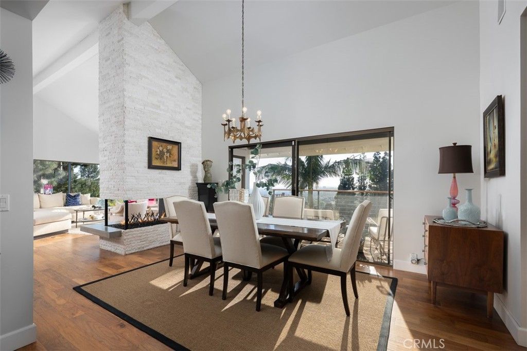 Dining room, Fireplace, Interior, Living room, Pendant Lights, Stone Walls, Wood Texture Flooring