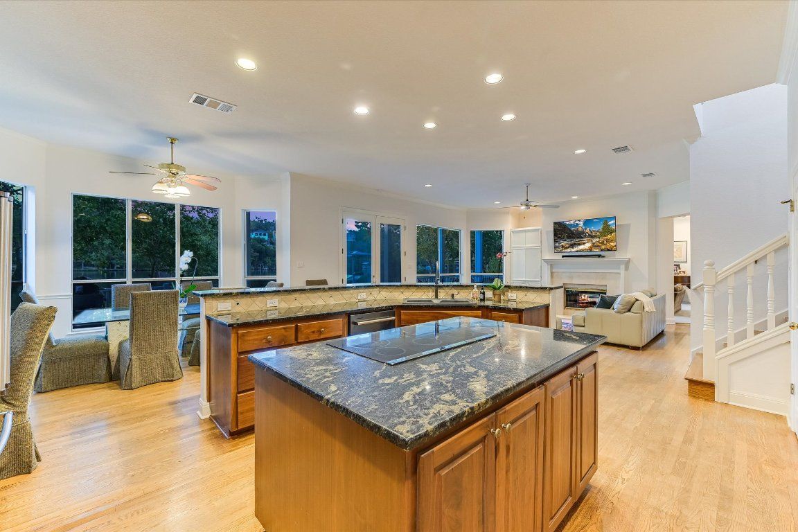 Fireplace, Interior, Kitchen, Living room, Recessed Lighting, Wood Texture Flooring