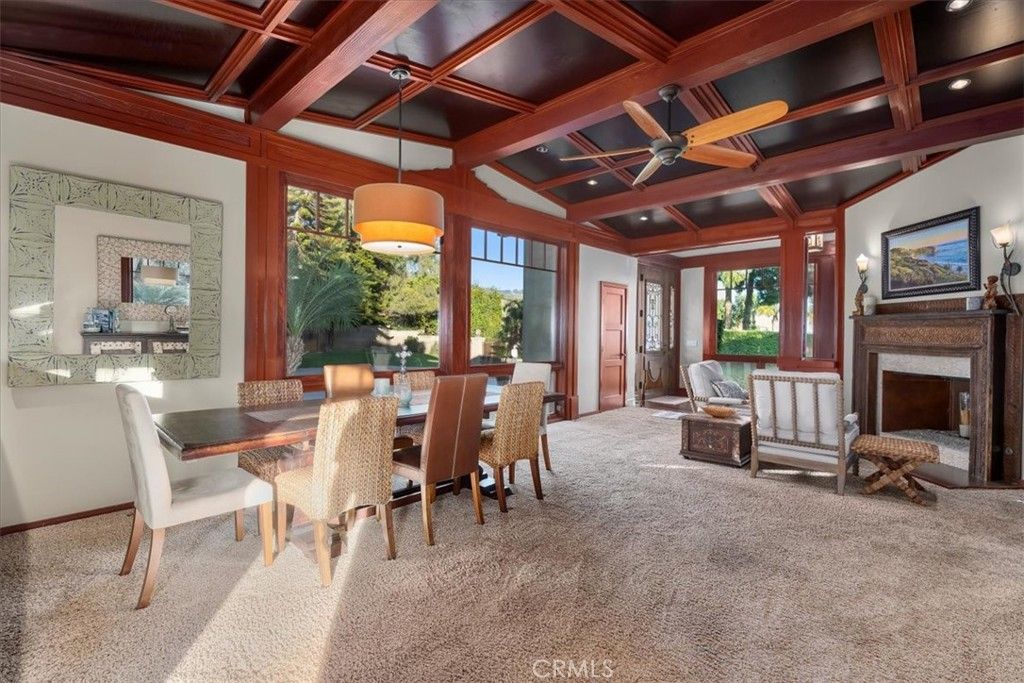 Dining room, Fireplace, Interior, Pendant Lights, Recessed Lighting, Wooden Beams