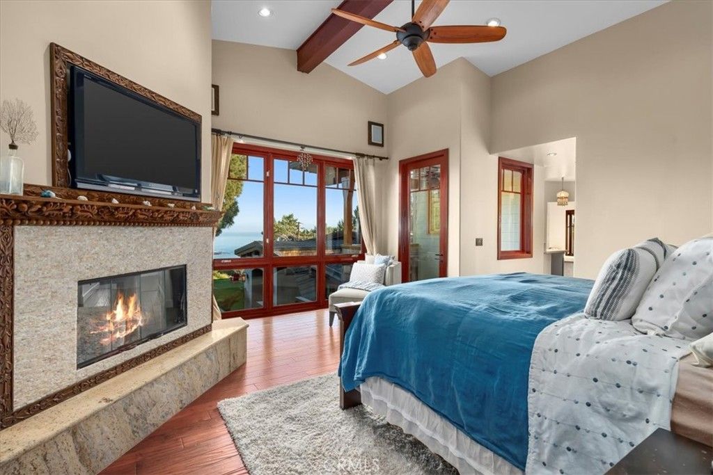 Bedroom, Fireplace, Interior, Recessed Lighting, Wooden Beams, Wood Texture Flooring