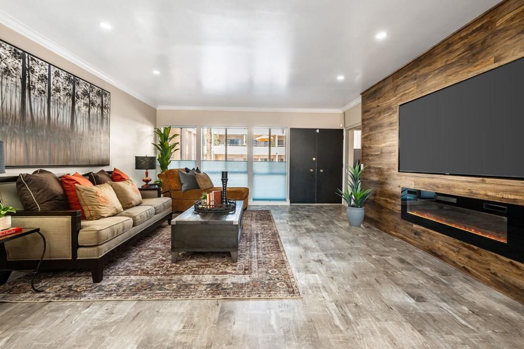 Fireplace, Interior, Living room, Recessed Lighting, Water, Wood Texture Flooring, Wooden Walls