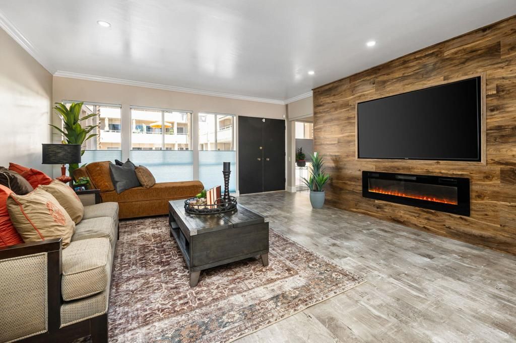 Fireplace, Interior, Living room, Recessed Lighting, Water, Wood Texture Flooring, Wooden Walls