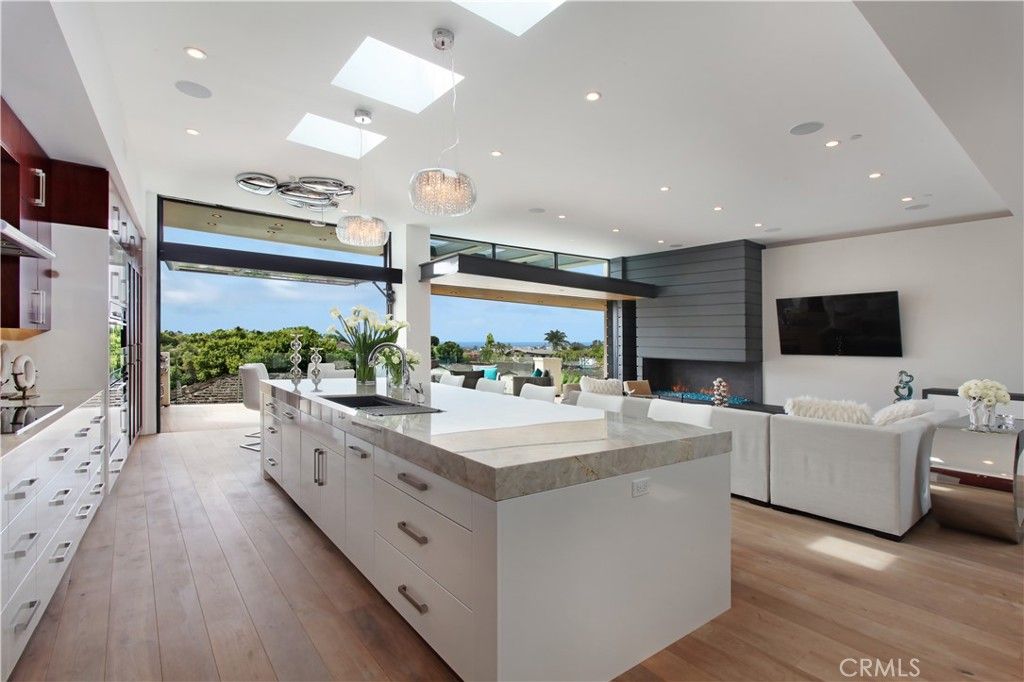 Fireplace, Interior, Kitchen, Living room, Pendant Lights, Recessed Lighting, Wood Texture Flooring