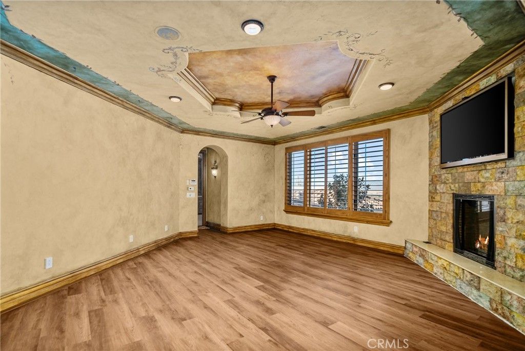 Empty room, Fireplace, Interior, Recessed Lighting, Wood Texture Flooring