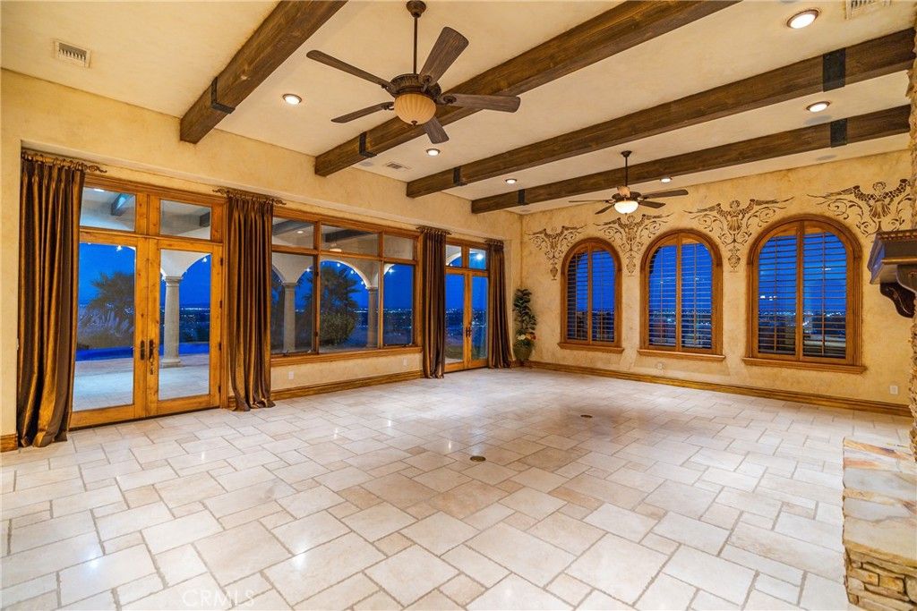 Empty room, Interior, Recessed Lighting, Stone Walls, Wooden Beams