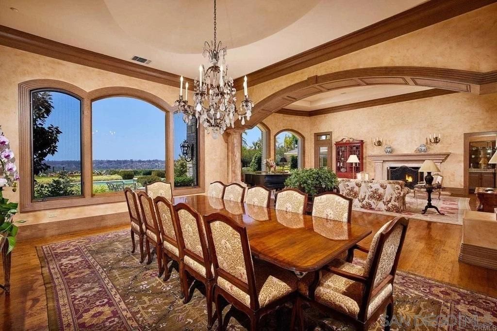 Chandelier, Dining room, Fireplace, Interior, Living room, Wood Texture Flooring