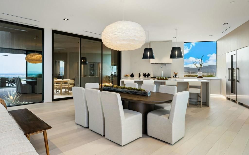 Dining room, Interior, Kitchen, Pendant Lights, Recessed Lighting, Water, Wood Texture Flooring