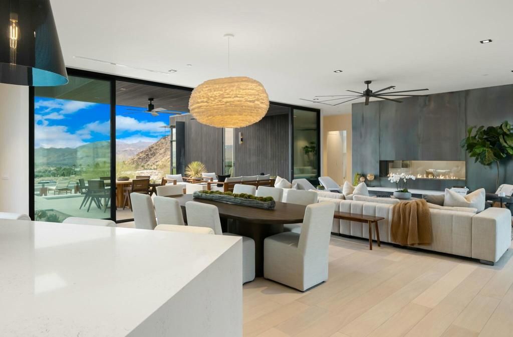 Dining room, Fireplace, Interior, Living room, Pendant Lights, Recessed Lighting, Wood Texture Flooring