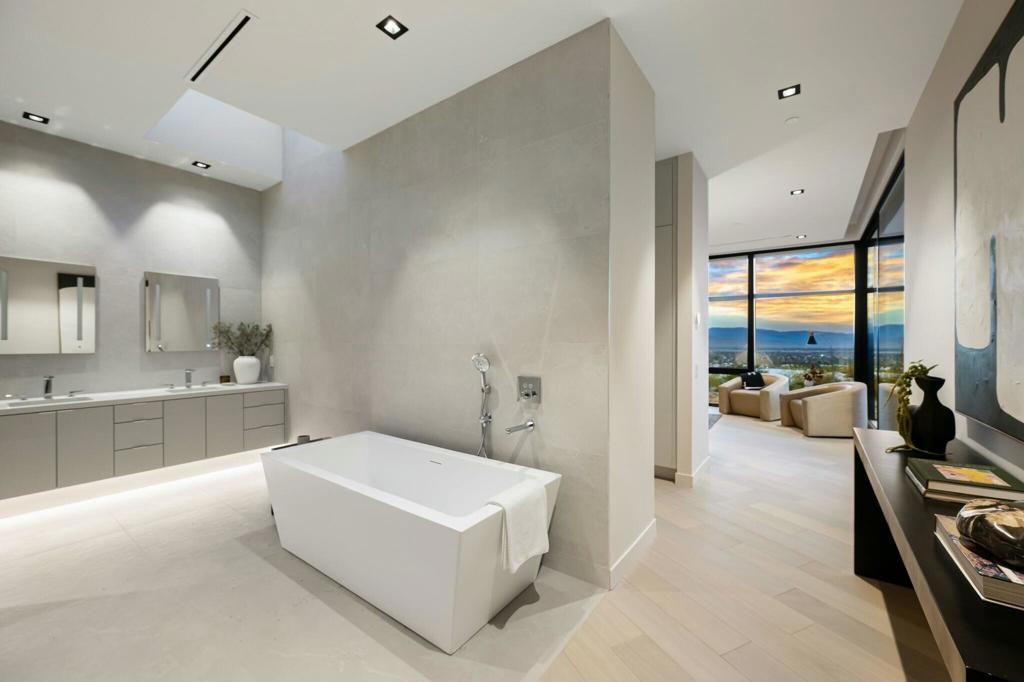 Bathroom, Dual Sink Vanities, Free Standing Baths, Interior, Recessed Lighting, Water, Wood Texture Flooring