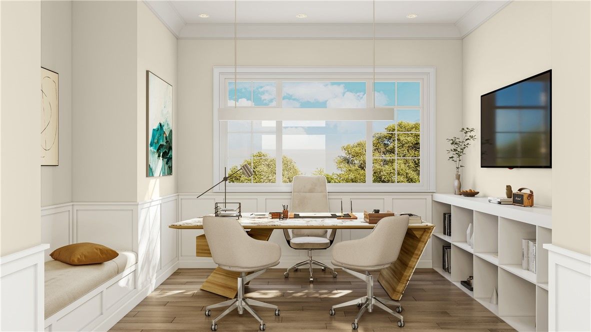 Home Office, Interior, Pendant Lights, Recessed Lighting, Wood Texture Flooring