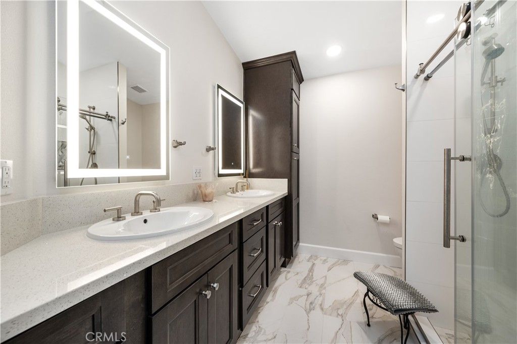 Bathroom, Dual Sink Vanities, Glass Shower, Interior, Marble, Recessed Lighting