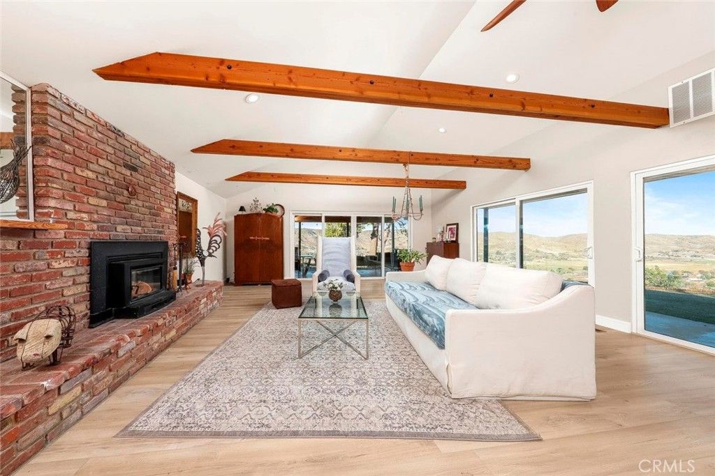 Fireplace, Interior, Living room, Recessed Lighting, Stone Walls, Wooden Beams, Wood Texture Flooring