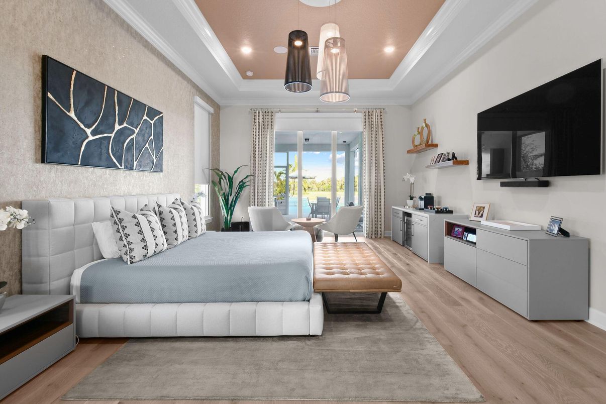 Bedroom, Interior, Pendant Lights, Recessed Lighting, Water, Wood Texture Flooring