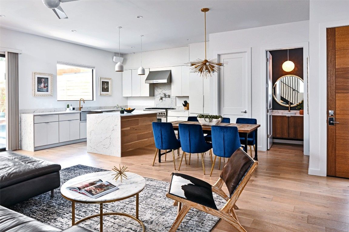 Dining room, Interior, Kitchen, Marble Walls, Pendant Lights, Recessed Lighting, Wood Texture Flooring