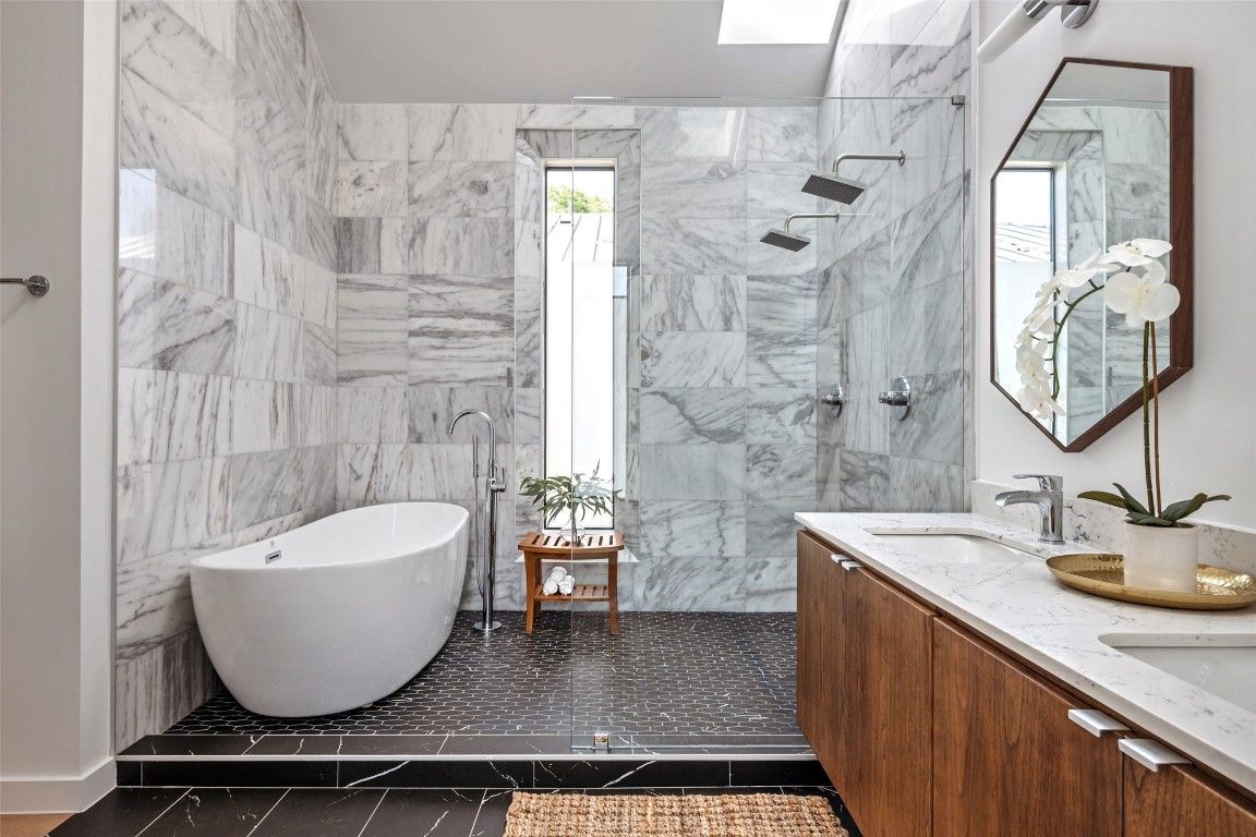 Bathroom, Dual Sink Vanities, Free Standing Baths, Glass Shower, Interior, Marble, Marble Walls
