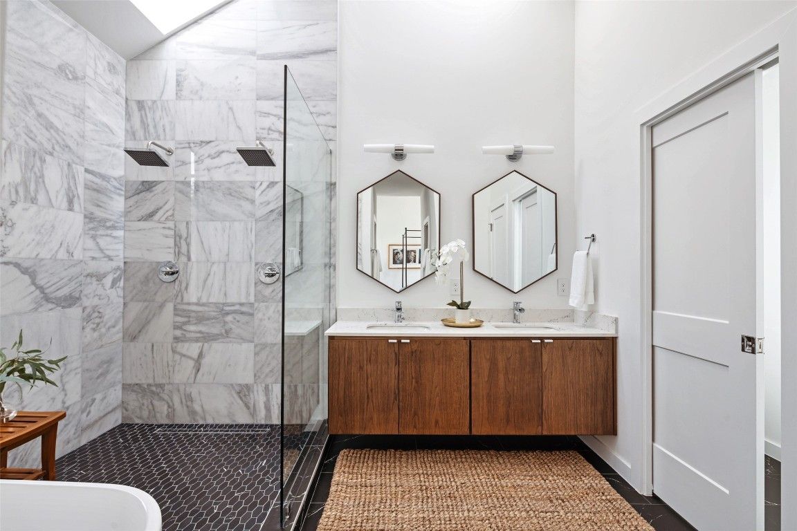 Bathroom, Dual Sink Vanities, Glass Shower, Interior, Marble Walls