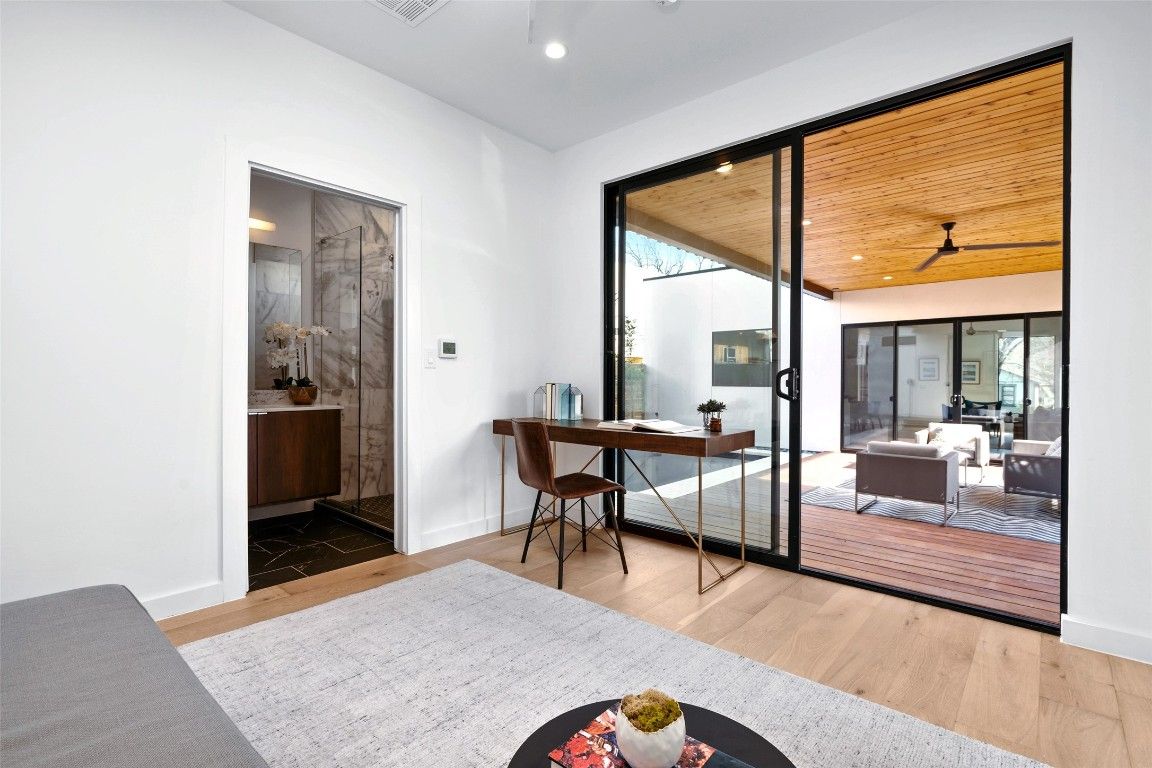 Home Office, Interior, Living room, Recessed Lighting, Wood Texture Flooring