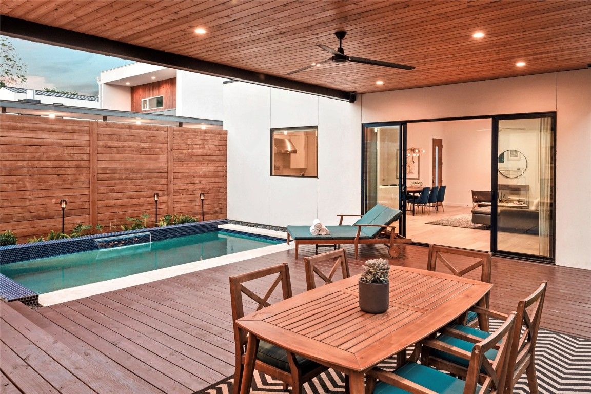 Exterior, Pool, Recessed Lighting, Wooden Ceilings