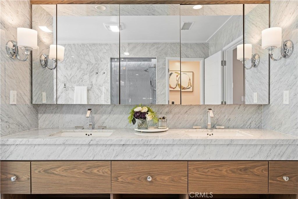Bathroom, Dual Sink Vanities, Glass Shower, Interior, Marble Walls, Recessed Lighting