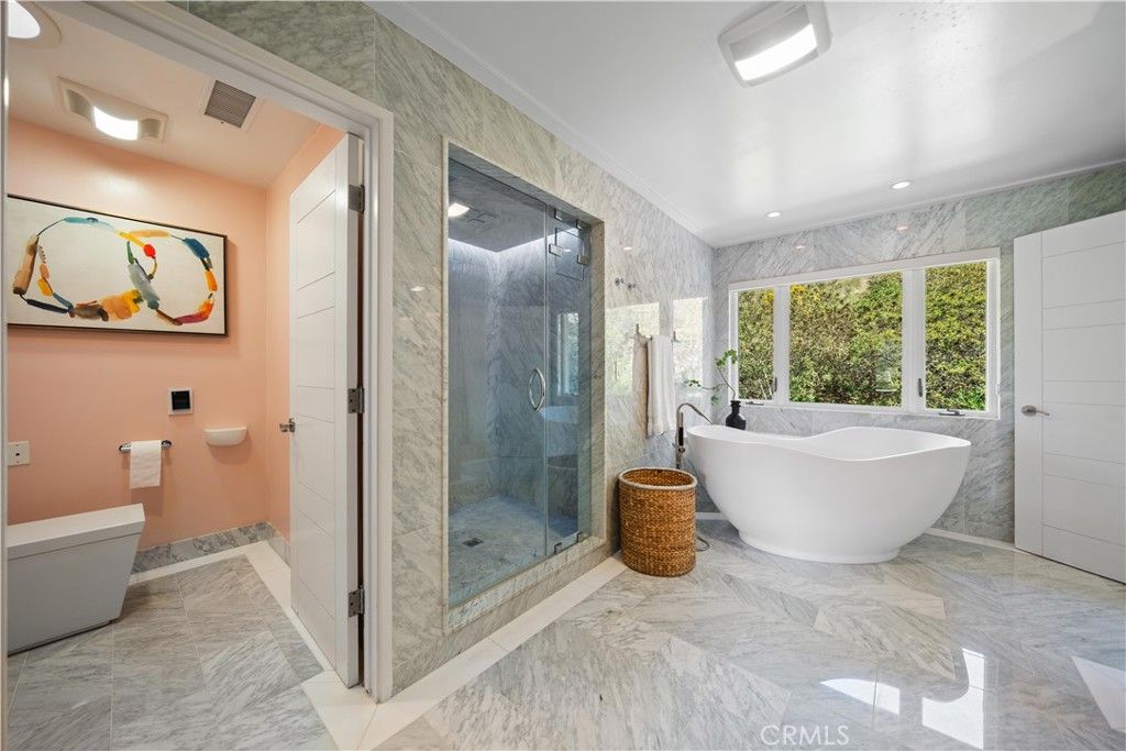 Bathroom, Free Standing Baths, Glass Shower, Interior, Marble, Marble Walls, Recessed Lighting