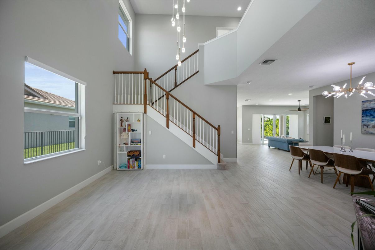 Dining room, Interior, Pendant Lights, Recessed Lighting, Wood Texture Flooring