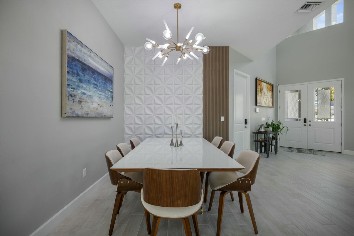 Dining room, Interior, Pendant Lights, Wood Texture Flooring