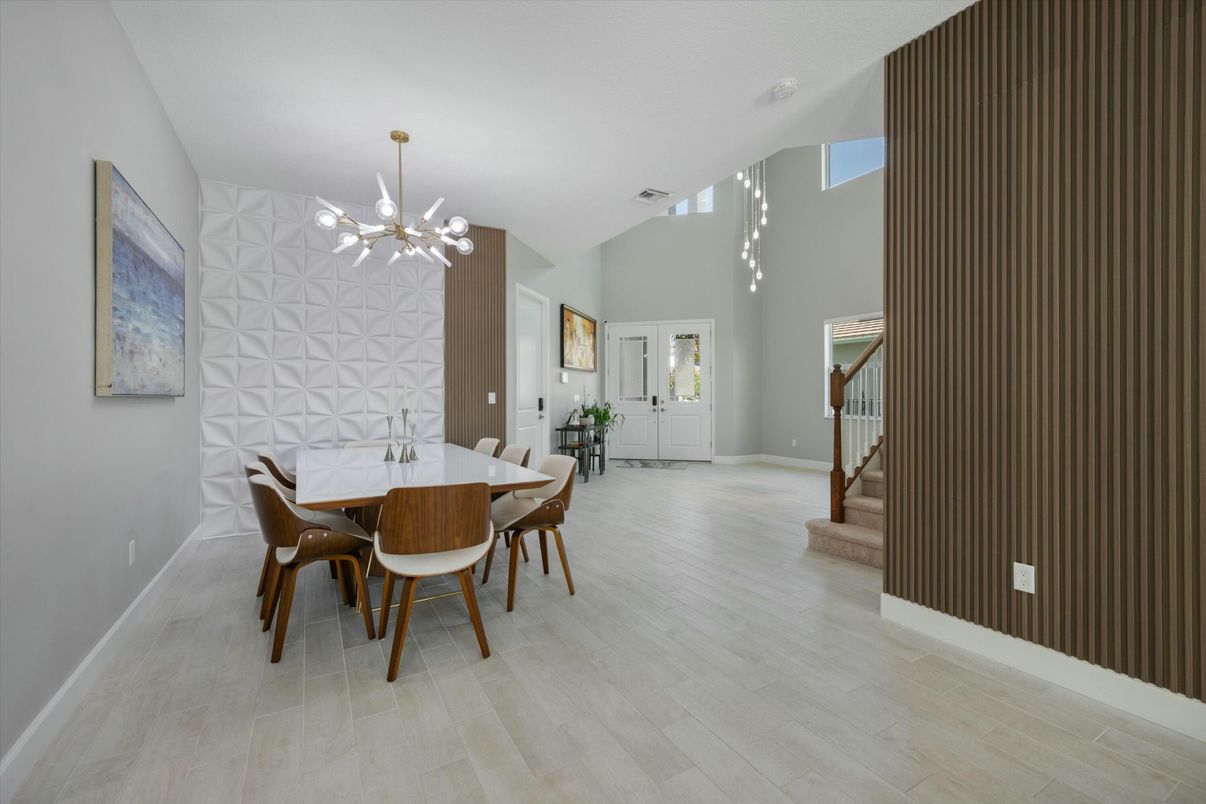Dining room, Interior, Pendant Lights, Wood Texture Flooring