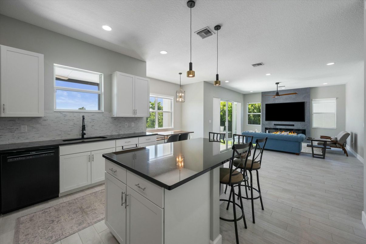 Fireplace, Interior, Kitchen, Living room, Pendant Lights, Recessed Lighting, Wood Texture Flooring