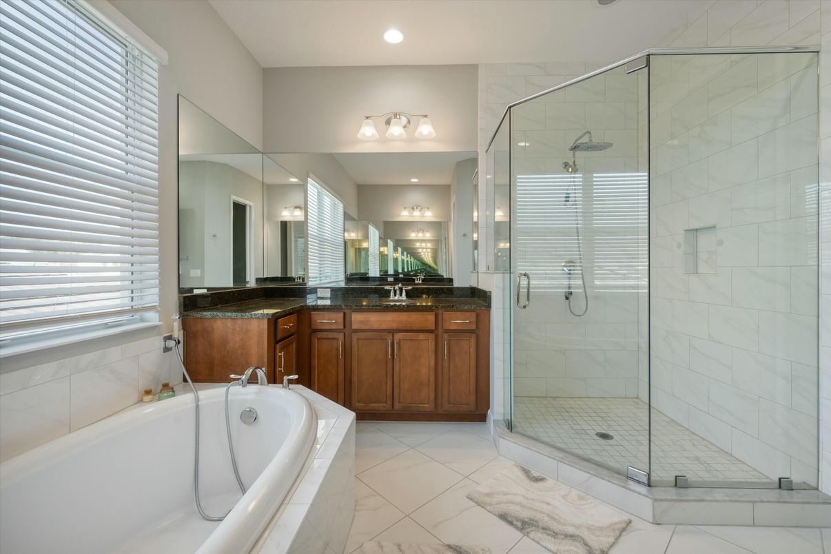 Bathroom, Dual Sink Vanities, Glass Shower, Interior, Marble, Marble Walls, Recessed Lighting