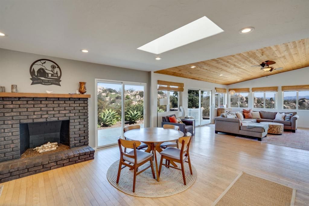 Dining room, Fireplace, Interior, Living room, Recessed Lighting, Wooden Ceilings, Wood Texture Flooring