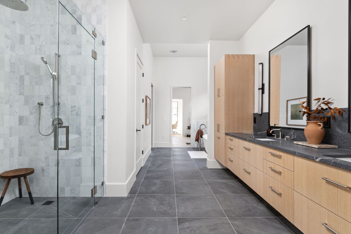 Bathroom, Dual Sink Vanities, Glass Shower, Interior, Recessed Lighting