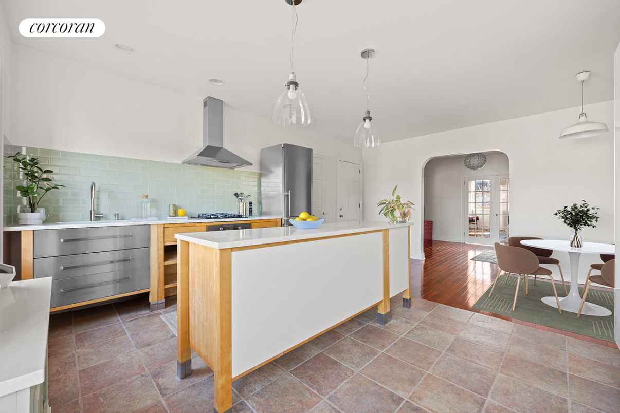 Dining room, Interior, Kitchen, Pendant Lights, Stainless Steel Appliances, Wood Texture Flooring