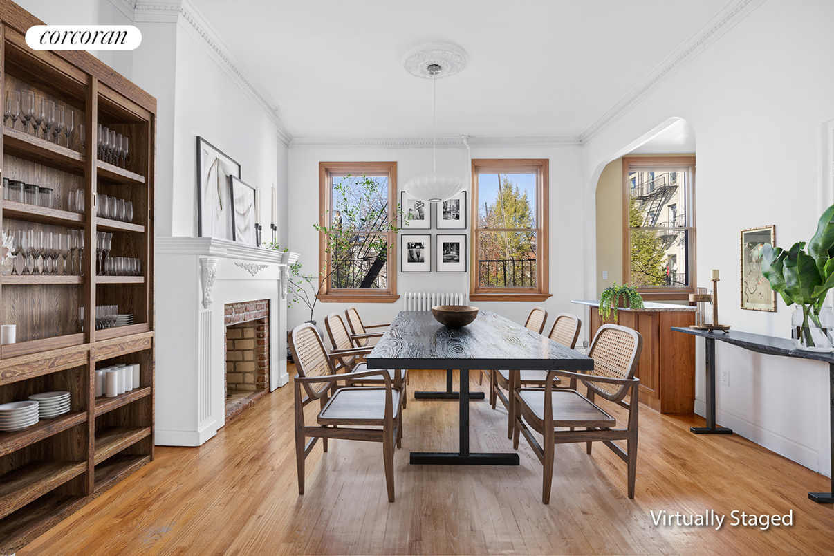 Dining room, Fireplace, Interior, Pendant Lights, Wood Texture Flooring