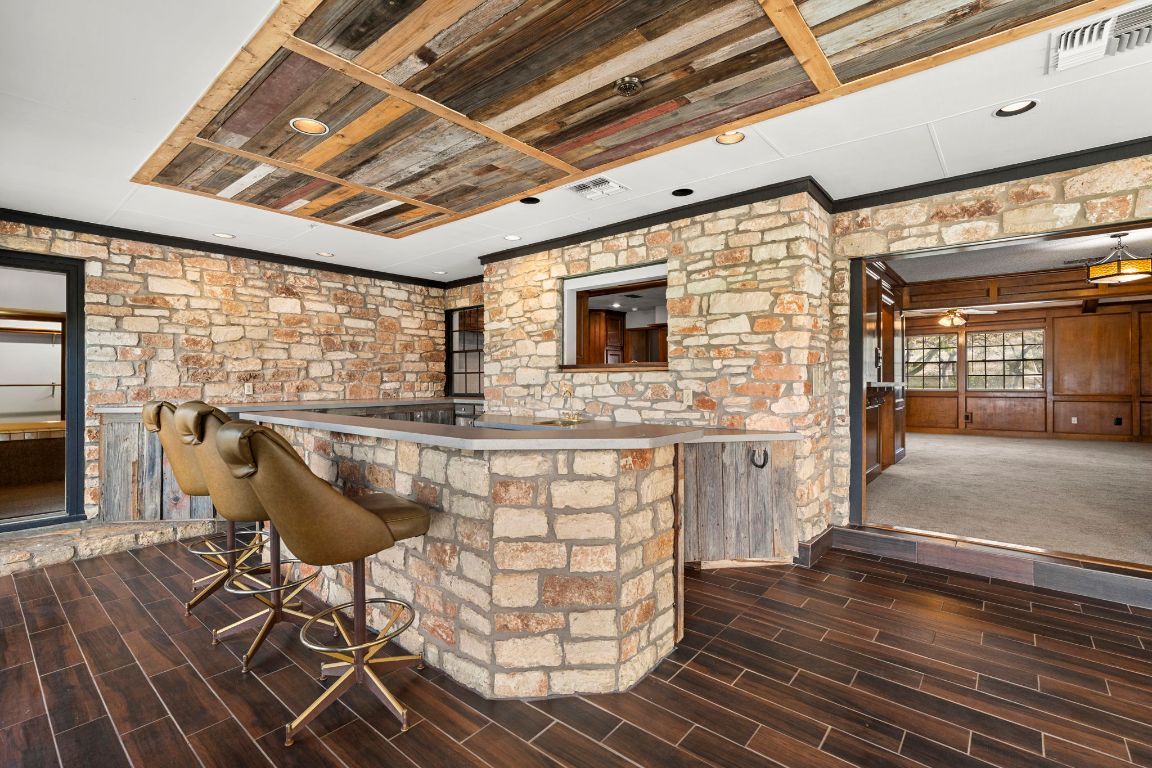 Interior, Recessed Lighting, Stone Walls, Wood Texture Flooring