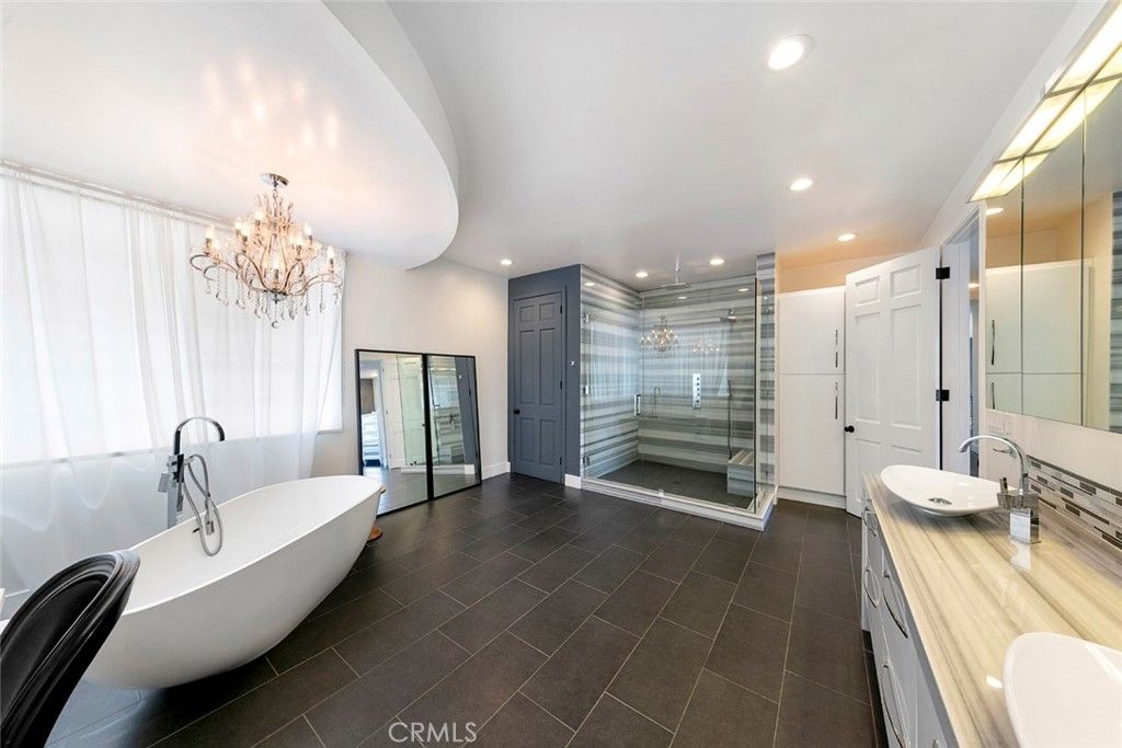 Bathroom, Chandelier, Dual Sink Vanities, Free Standing Baths, Glass Shower, Interior, Recessed Lighting