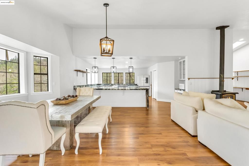 Dining room, Interior, Kitchen, Pendant Lights, Wood Texture Flooring