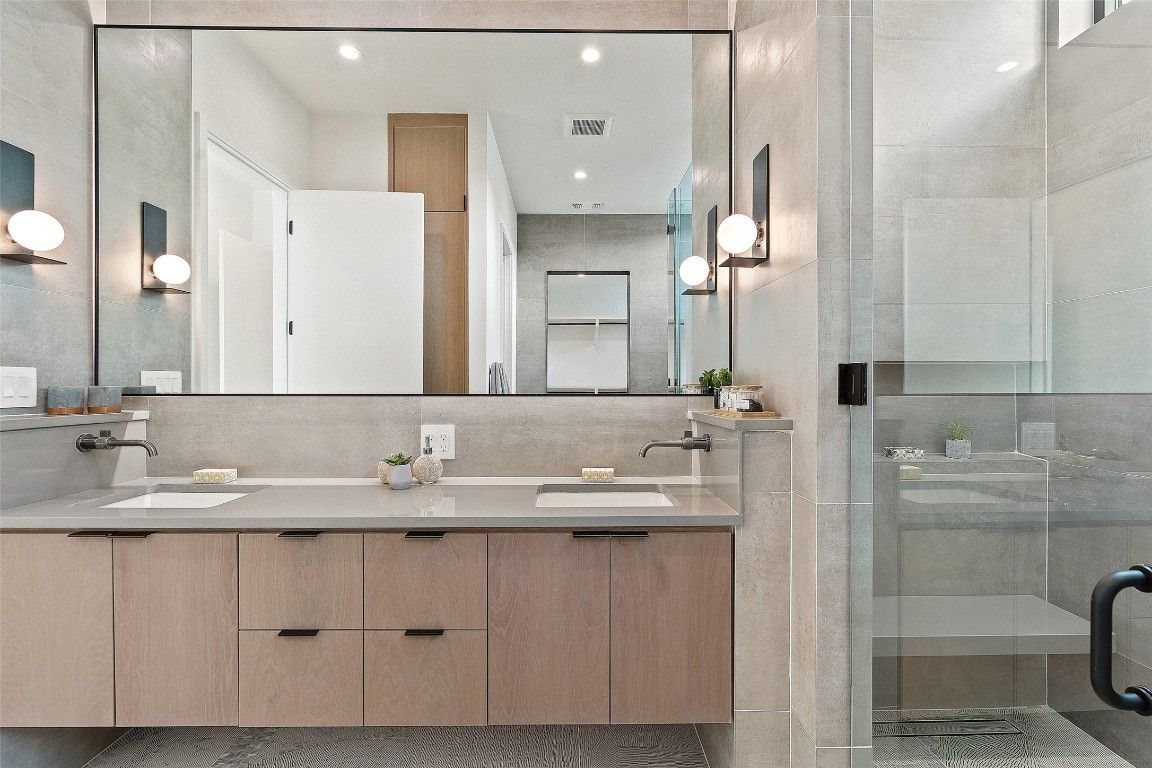 Bathroom, Dual Sink Vanities, Glass Shower, Interior, Recessed Lighting