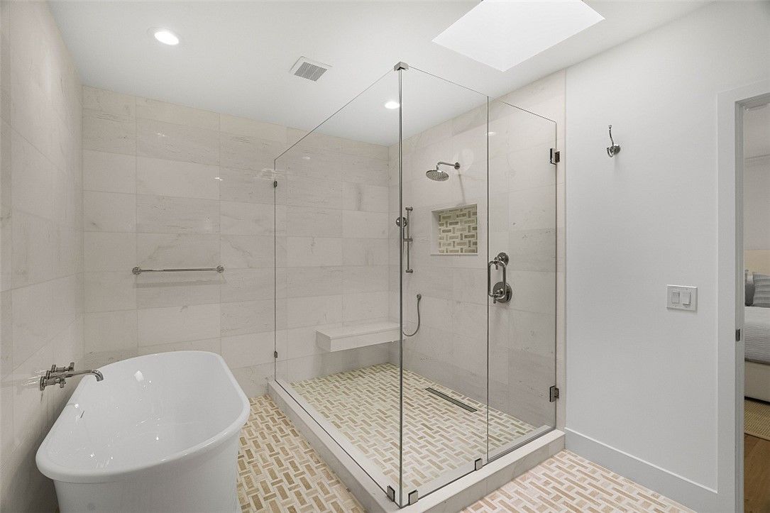 Bathroom, Free Standing Baths, Glass Shower, Interior, Recessed Lighting
